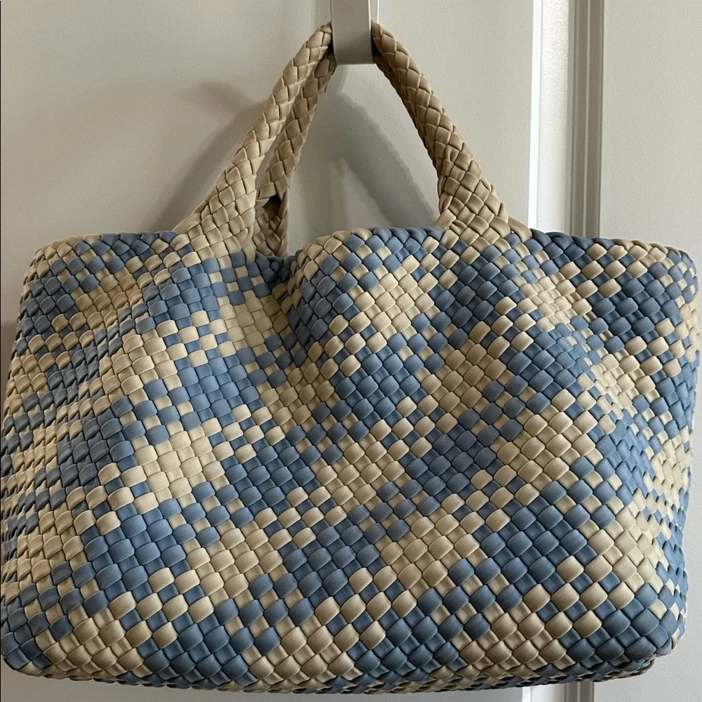 Naghedi St Barths Medium Blue and White Woven Tote Bag - Picture 1 of 9